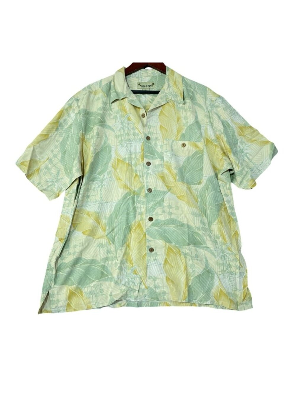 Paradise Coves Men's XL Hawaiian Shirt 100% Silk Green & Yellow Leaf Print C0927